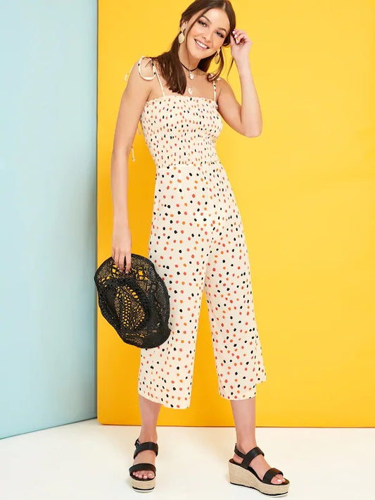 CM-JS429643 Women Casual Seoul Style Spaghetti Strap Polka Dot Culotte Jumpsuit - Apricot
