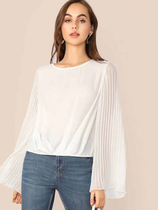 CM-TS411686 Women Casual Seoul Style Long Pleated Sleeve Curved Hem Top - White