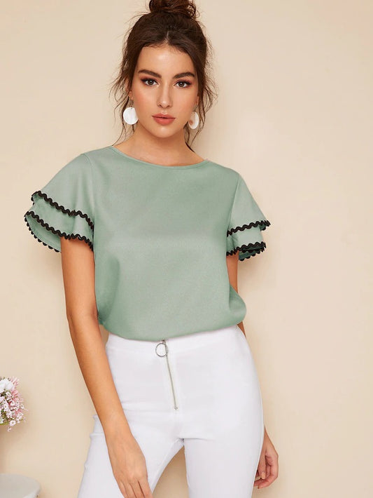 CM-TS419978 Women Casual Seoul Style Contrast Wave Lace Trim Layered Ruffle Sleeve Top - Green