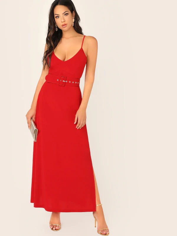 CM-DS417601 Women Elegant Seoul Style Spaghetti Strap Split Side Buckle Belted Slip Dress - Red