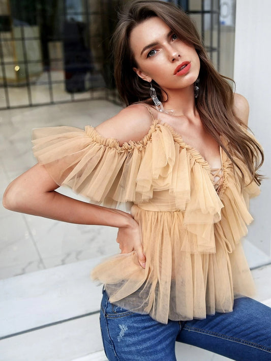 CM-TS513145 Women Casual Seoul Style Ruffle Trim Lace Up Cold Shoulder Mesh Top - Khaki