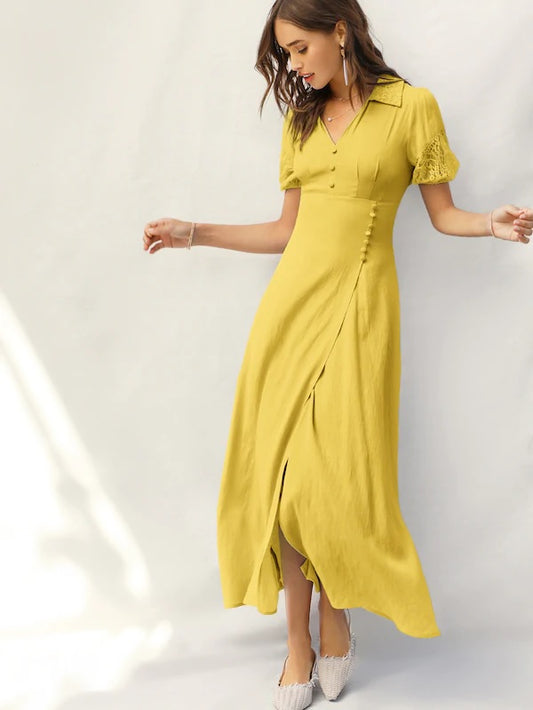 CM-DS411686 Women Elegant Seoul Style Lace Insert Button Detail Split Dress - Yellow