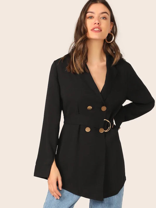 CM-CS418436 Women Elegant Seoul Style Split Cuff Double Breasted O-Ring Belted Coat - Black