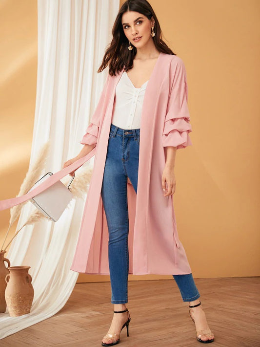 CM-CS425389 Women Elegant Seoul Style Gathered Sleeve Self Belted Semi Sheer Coat - Pink