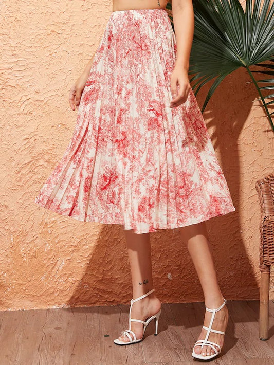 CM-BS411467 Women Elegant Seoul Style High Waist Landscape Print Pleated Swing Skirt