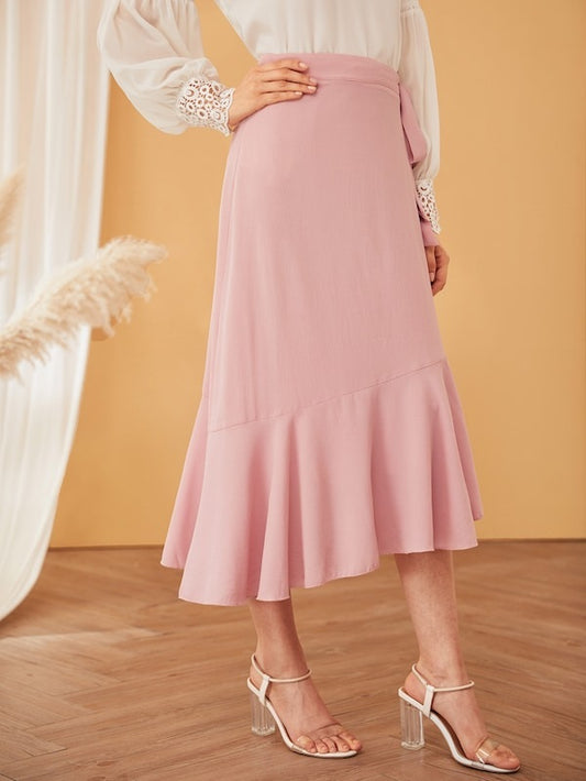 CM-BS417731 Women Casual Seoul Style High Waist Asymmetrical Hem Midi Skirt - Pink