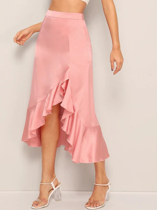 CM-BS425869 Women Elegant Seoul Style Asymmetrical Ruffle Hem Satin Skirt - Pink