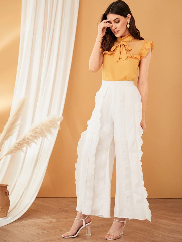 CM-BS515789 Women Elegant Seoul Style High Waist Ruffle Trim Wide Leg Pants - White