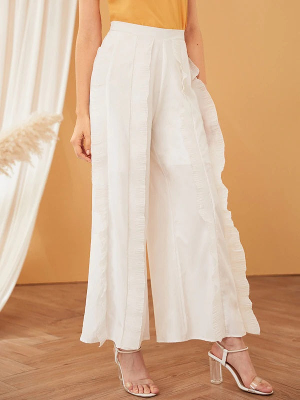 CM-BS515789 Women Elegant Seoul Style High Waist Ruffle Trim Wide Leg Pants - White