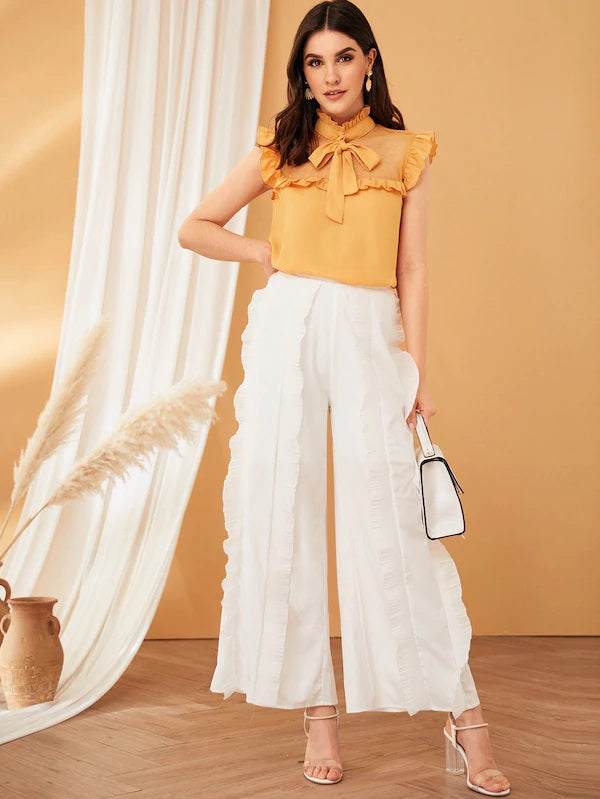 CM-BS515789 Women Elegant Seoul Style High Waist Ruffle Trim Wide Leg Pants - White