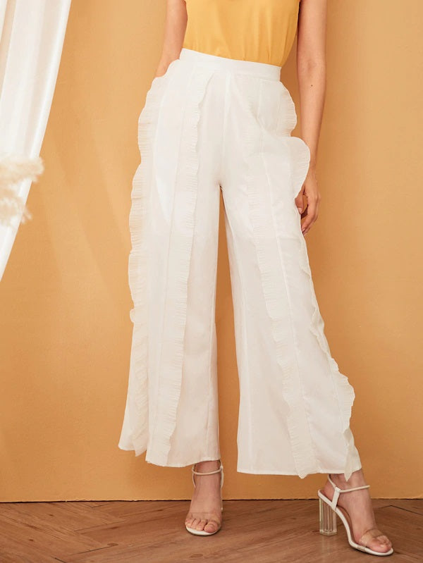 CM-BS515789 Women Elegant Seoul Style High Waist Ruffle Trim Wide Leg Pants - White