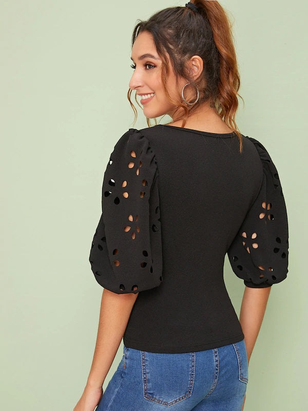 CM-TS425815 Women Casual Seoul Style Laser Cut Lantern Sleeve Fitted Top - Black