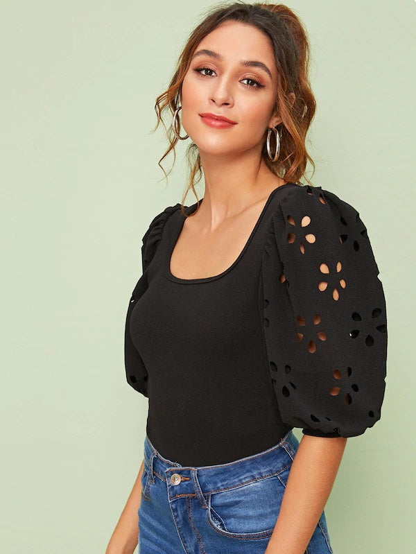 CM-TS425815 Women Casual Seoul Style Laser Cut Lantern Sleeve Fitted Top - Black