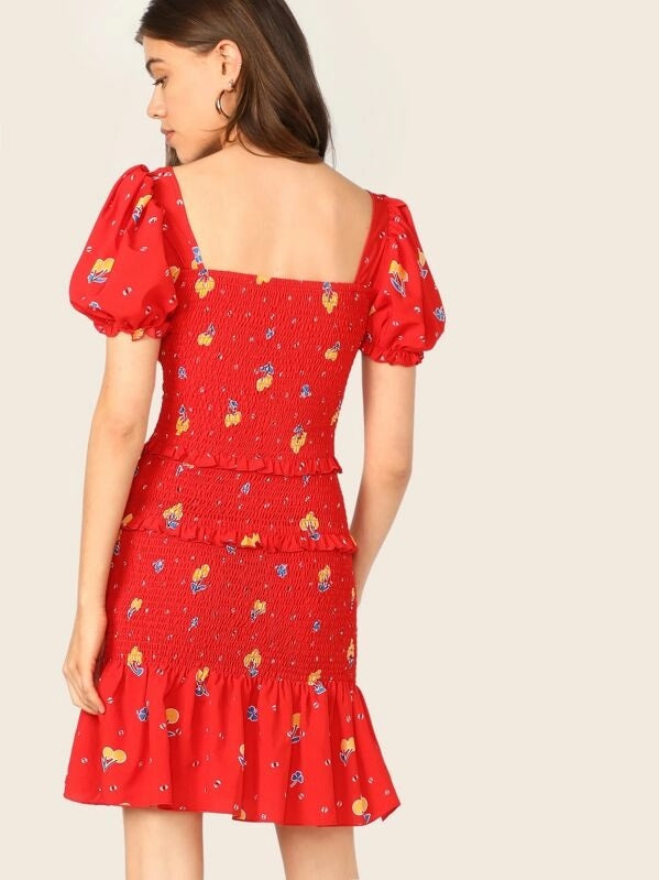 CM-DS419574 Women Trendy Bohemian Style Layered Frill Trim Drop Waist Shirred Floral Dress - Red