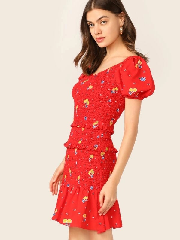 CM-DS419574 Women Trendy Bohemian Style Layered Frill Trim Drop Waist Shirred Floral Dress - Red
