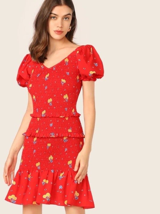 CM-DS419574 Women Trendy Bohemian Style Layered Frill Trim Drop Waist Shirred Floral Dress - Red