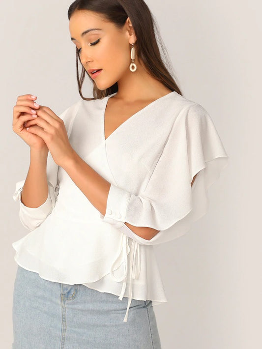 CM-TS506152 Women Elegant Seoul Style 3/4 Split Sleeve Wrap Belted Peplum Top - White