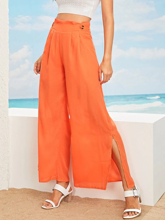 CM-BS416401 Women Casual Seoul Style Paperbag Waist Pleated Split Palazzo Pants - Orange