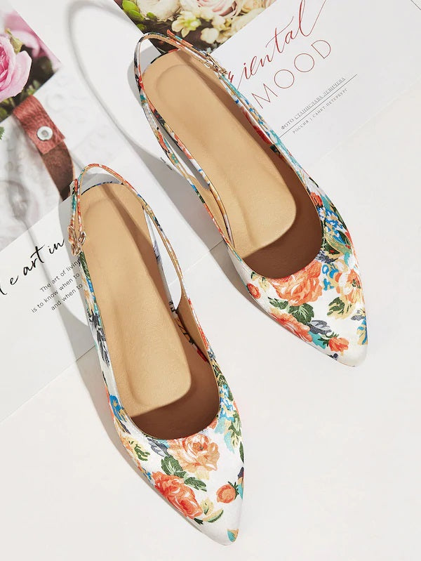 CM-SHS517122 Women Casual Seoul Style Point Toe Floral Print Slingback Flats