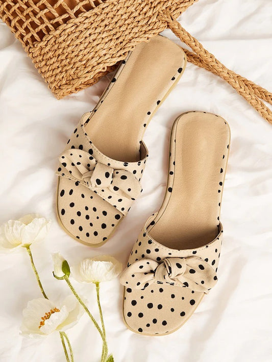 CM-SHS517855 Women Trendy Seoul Style Bow Decor Polka Dot Flat Sliders - Khaki