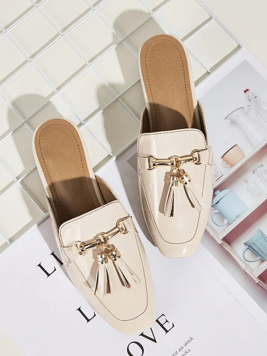 CM-SHS517337 Women Casual Seoul Style Tassel Decor Flat Mules - Apricot