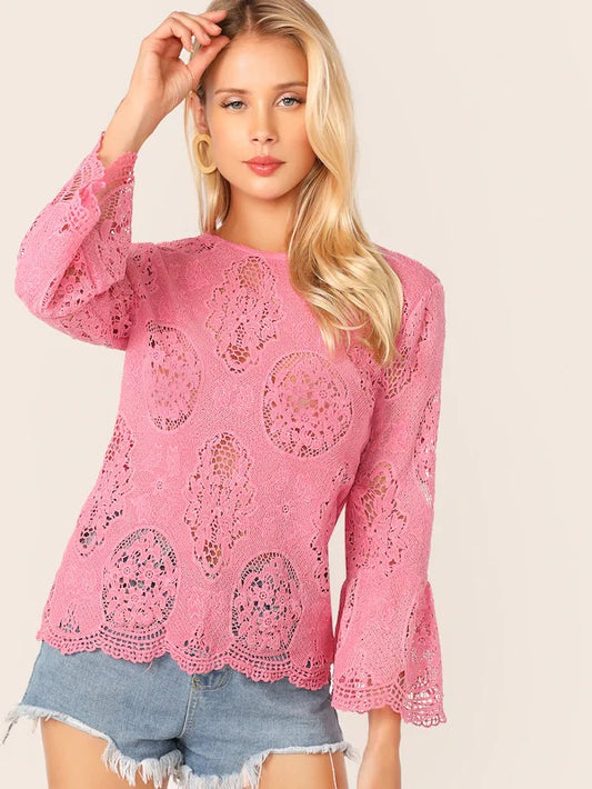 CM-TS426388 Women Casual Seoul Style Keyhole Back Flounce Sleeve Guipure Lace Top - Pink