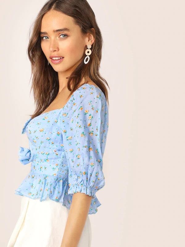 CM-TS425574 Women Casual Seoul Style Shirred Back Bow Front Ditsy Floral Peplum Blouse - Blue