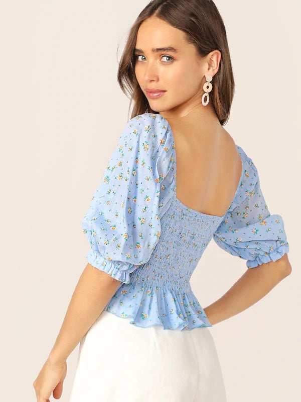 CM-TS425574 Women Casual Seoul Style Shirred Back Bow Front Ditsy Floral Peplum Blouse - Blue