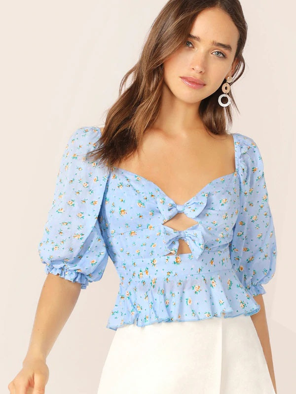 CM-TS425574 Women Casual Seoul Style Shirred Back Bow Front Ditsy Floral Peplum Blouse - Blue