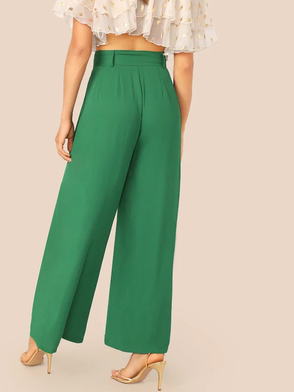 CM-BS429710 Women Casual Seoul Style Fold Pleat Belted Palazzo Pants - Green