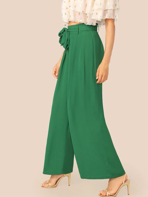 CM-BS429710 Women Casual Seoul Style Fold Pleat Belted Palazzo Pants - Green