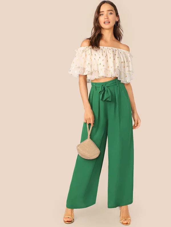 CM-BS429710 Women Casual Seoul Style Fold Pleat Belted Palazzo Pants - Green