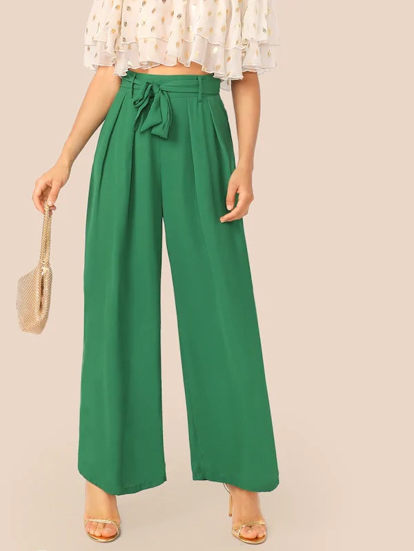 CM-BS429710 Women Casual Seoul Style Fold Pleat Belted Palazzo Pants - Green