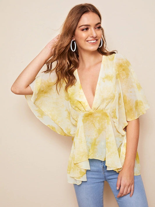CM-TS430630 Women Casual Seoul Style Tie Dye Plunge Neck Flutter Sleeve Top - Yellow