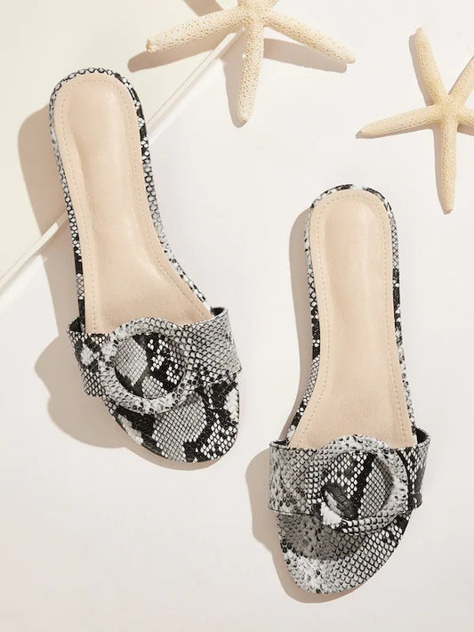 CM-SHS522196 Women Casual Seoul Style Snakeskin Buckle Decor Sliders - Black