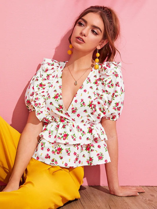 CM-TS425366 Women Casual Seoul Style Ditsy Floral Ruffle Trim Layered Hem Top - White