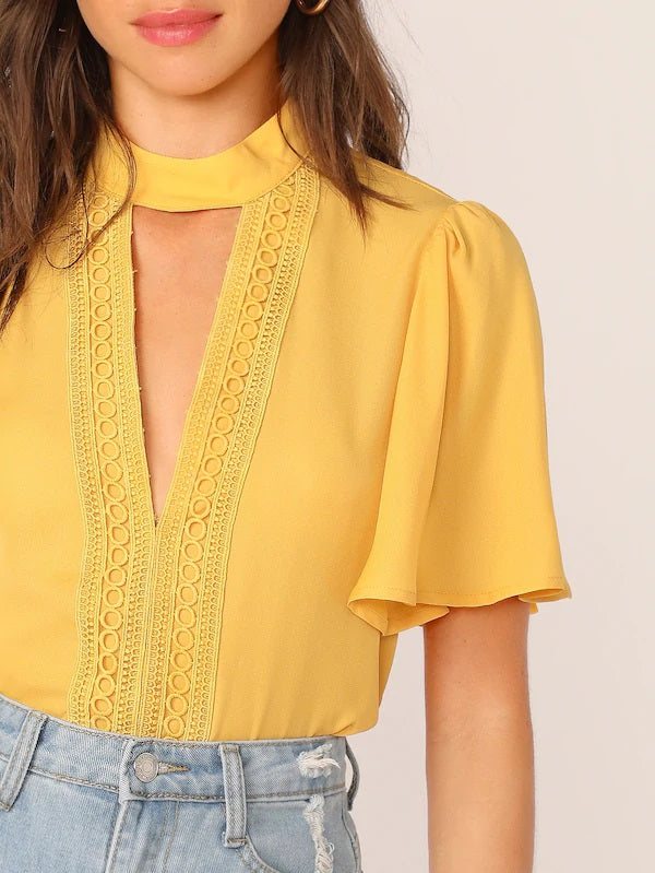 CM-TS429883 Women Casual Seoul Style Choker Neck Flutter Sleeve Lace Insert Top - Yellow