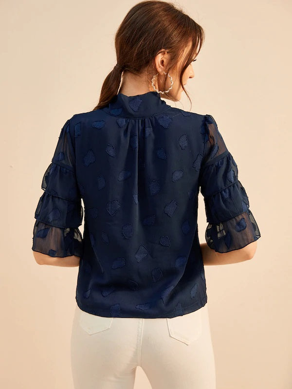 CM-TS522533 Women Casual Seoul Style Layered Sleeve Tie Neck Embroidered Blouse - Navy Blue