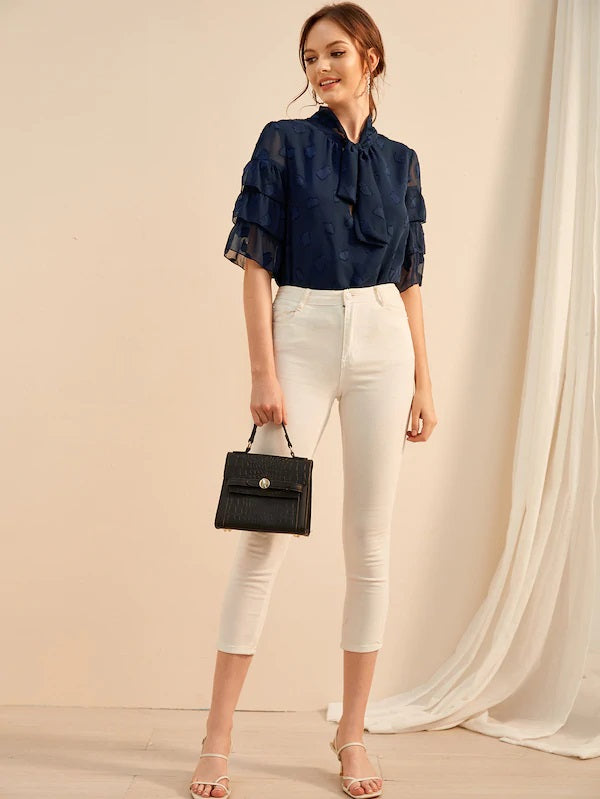 CM-TS522533 Women Casual Seoul Style Layered Sleeve Tie Neck Embroidered Blouse - Navy Blue