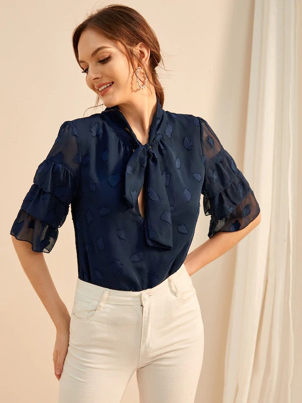 CM-TS522533 Women Casual Seoul Style Layered Sleeve Tie Neck Embroidered Blouse - Navy Blue