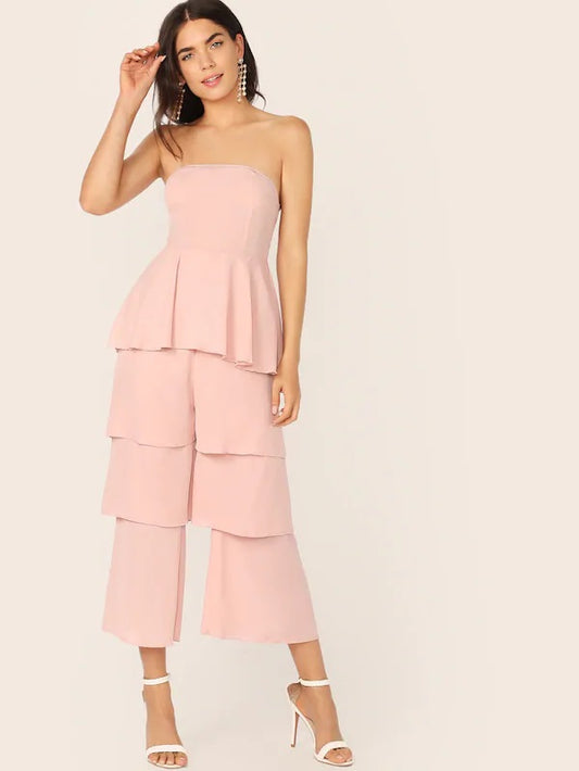 CM-JS425863 Women Elegant Seoul Style Sleeveless Peplum Layered Shirred Back Jumpsuit - Pink