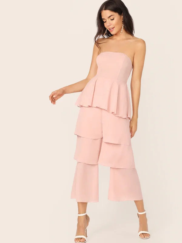 CM-JS425863 Women Elegant Seoul Style Sleeveless Peplum Layered Shirred Back Jumpsuit - Pink