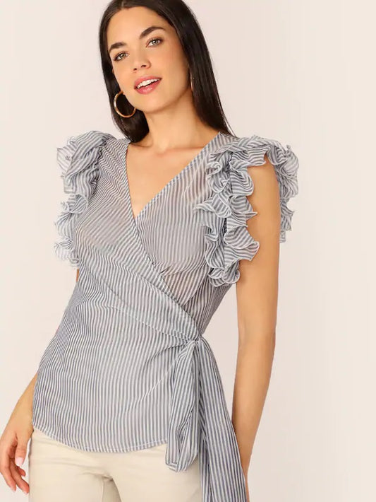 CM-TS429330 Women Elegant Seoul Style Exaggerated Ruffle Armhole Striped Wrap Belted Top - Blue