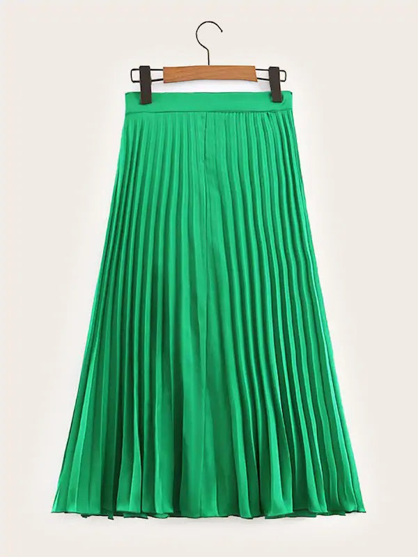 CM-BS523053 Women Elegant Seoul Style Mid Waist Solid Pleated Skirt - Green