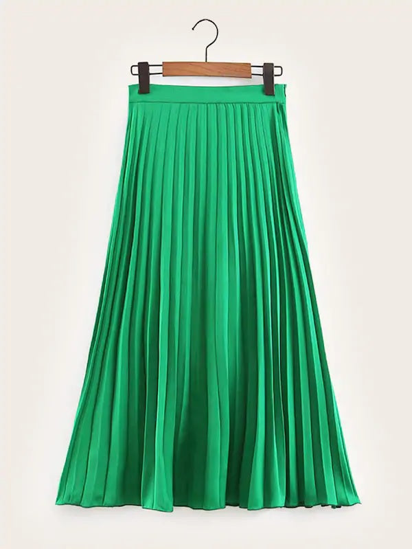 CM-BS523053 Women Elegant Seoul Style Mid Waist Solid Pleated Skirt - Green