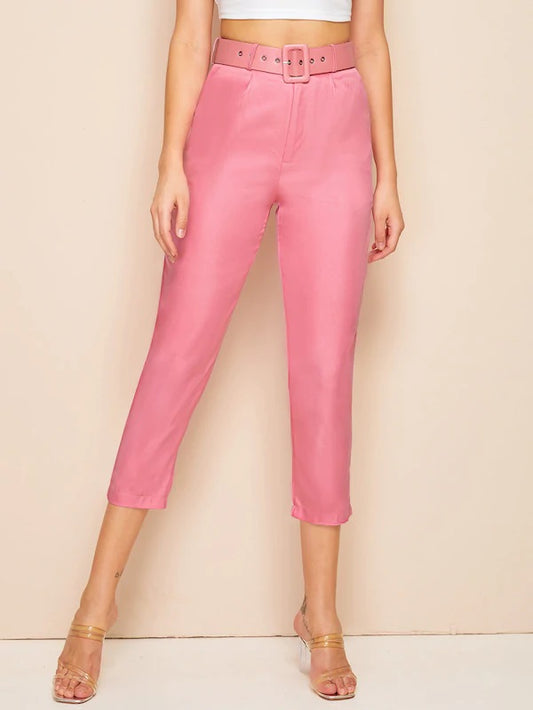 CM-BS523564 Women Casual Seoul Style High Waist Solid Carrot Leg Belted Pants - Pink