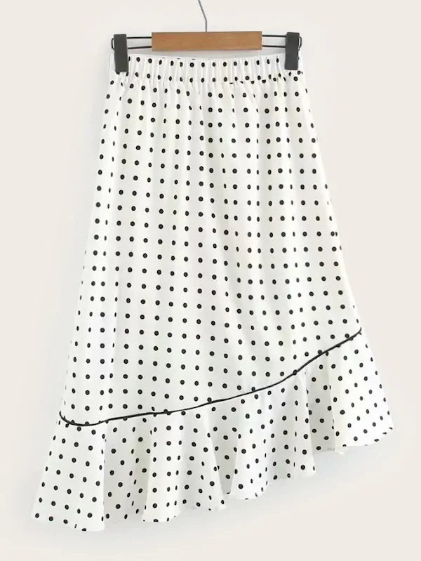 CM-BS524986 Women Casual Seoul Style Mid Waist Polka Dot Ruffle Hem Skirt - White