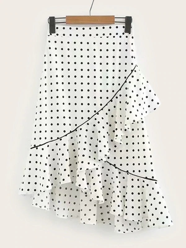 CM-BS524986 Women Casual Seoul Style Mid Waist Polka Dot Ruffle Hem Skirt - White