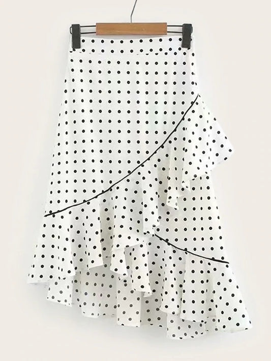 CM-BS524986 Women Casual Seoul Style Mid Waist Polka Dot Ruffle Hem Skirt - White