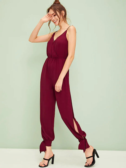CM-JS524154 Women Casual Seoul Style Spaghetti Stap Knot Hem Surplice Cami Jumpsuit - Wine Red